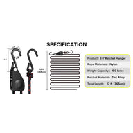 Ratchet hanger specs: nylon rope, 150lb capacity, zinc alloy ratchet, 12ft length.