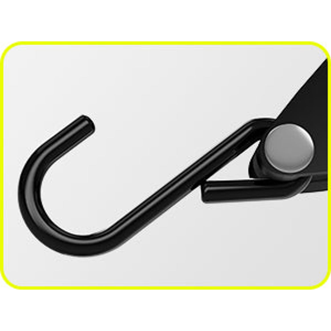 Black ratchet strap hook with a silver swivel and a black securing arm on a white background.