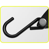 Black ratchet strap hook with a silver swivel and a black securing arm on a white background.