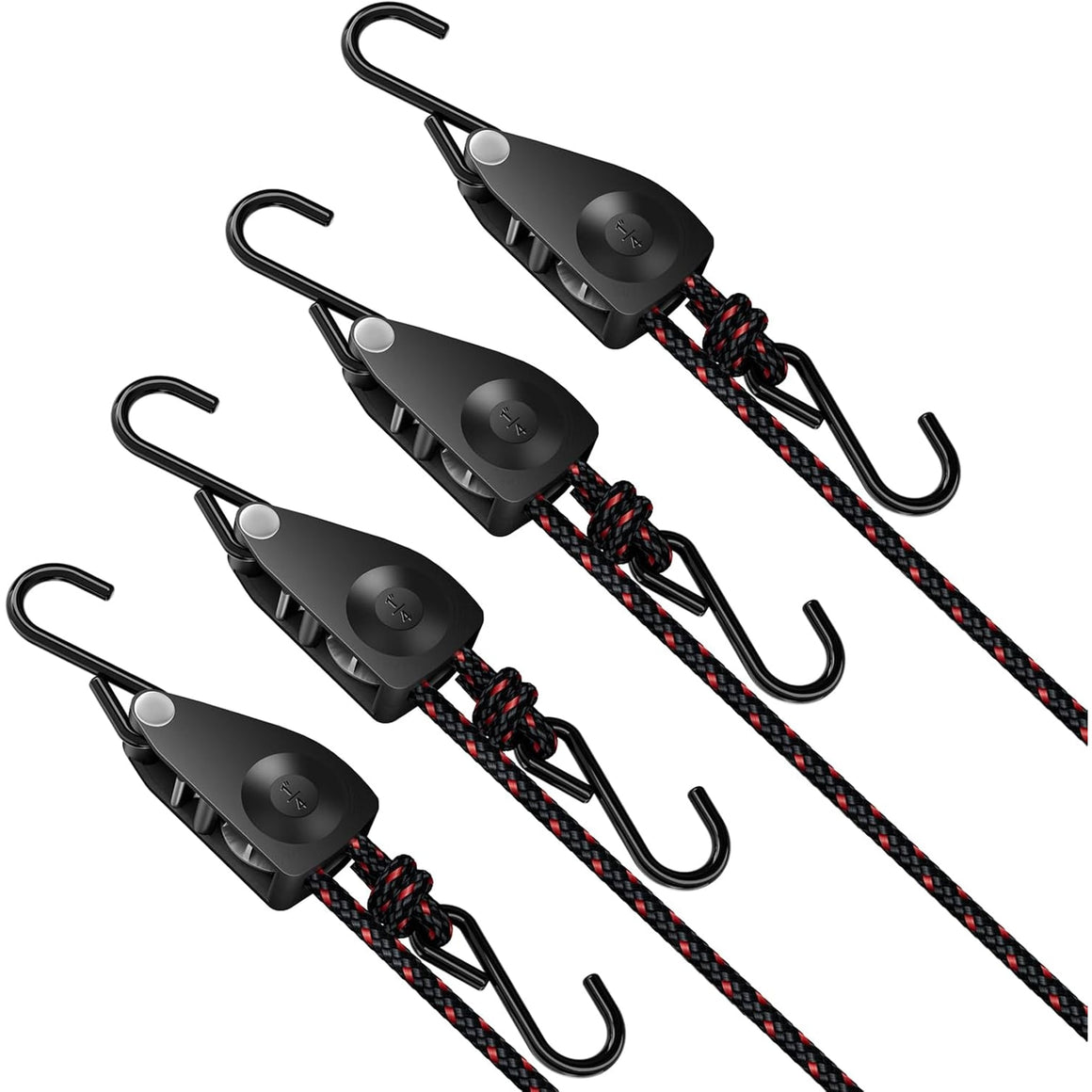 4 black ratchet tie-down straps with red and black rope, each with a hook.