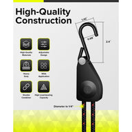 High-quality construction with dimensions shown for the carabiner and rope.