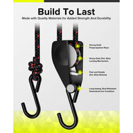 Black rope ratchet with red accents, zinc alloy mechanism, and carabiner hook.