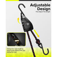 Black ratchet tie-down strap with red accents and adjustable hook. Text: Adjustable Design.