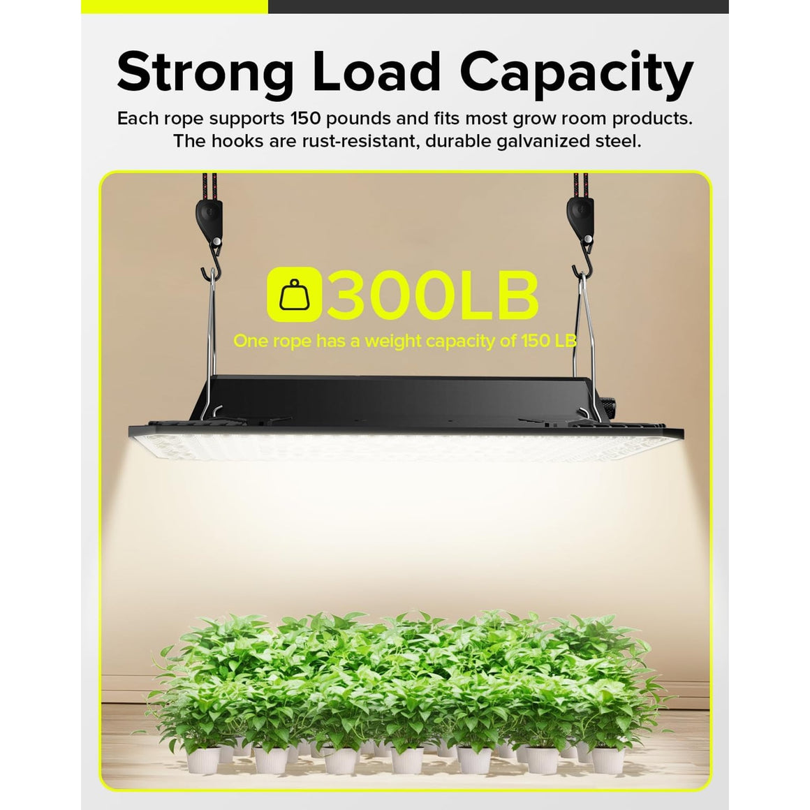 Grow light with strong load capacity: 300LB total, 150LB per rope. Rust-resistant hooks. Plants below.