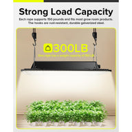 Grow light with strong load capacity: 300LB total, 150LB per rope. Rust-resistant hooks. Plants below.