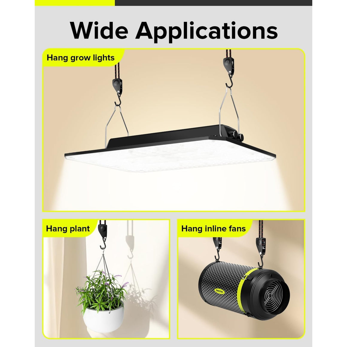 Hanging a grow light, plant, and inline fan using adjustable ratchet tie-down straps.