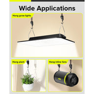 Hanging a grow light, plant, and inline fan using adjustable ratchet tie-down straps.