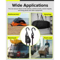 Four images show a tent, duffel bags, kayaks on a car, and boxes being moved, all secured with ratchet straps.