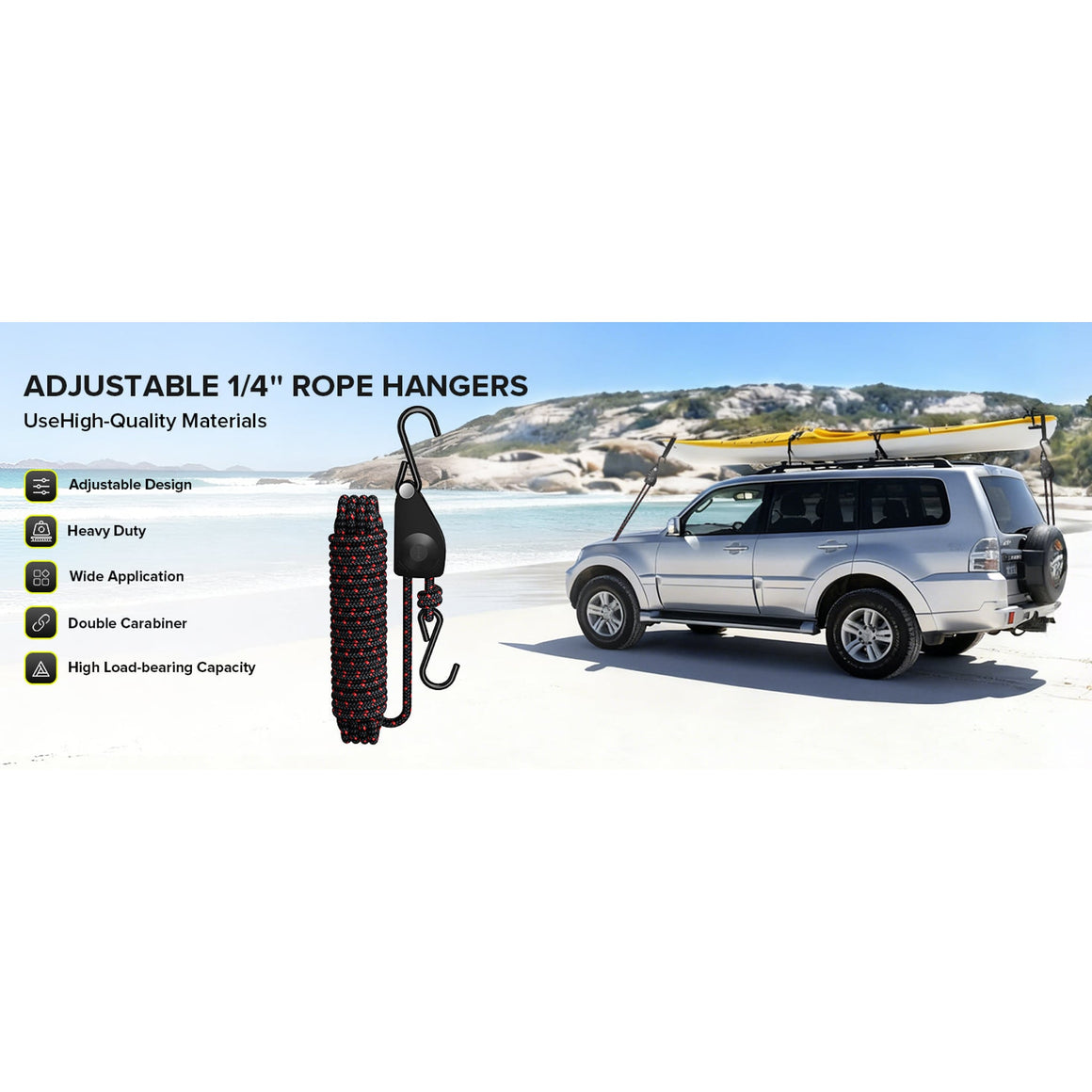 Silver SUV with kayak on roof at the beach, with product details on the left.