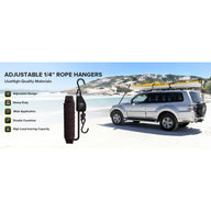 Silver SUV with kayak on roof at the beach, with product details on the left.