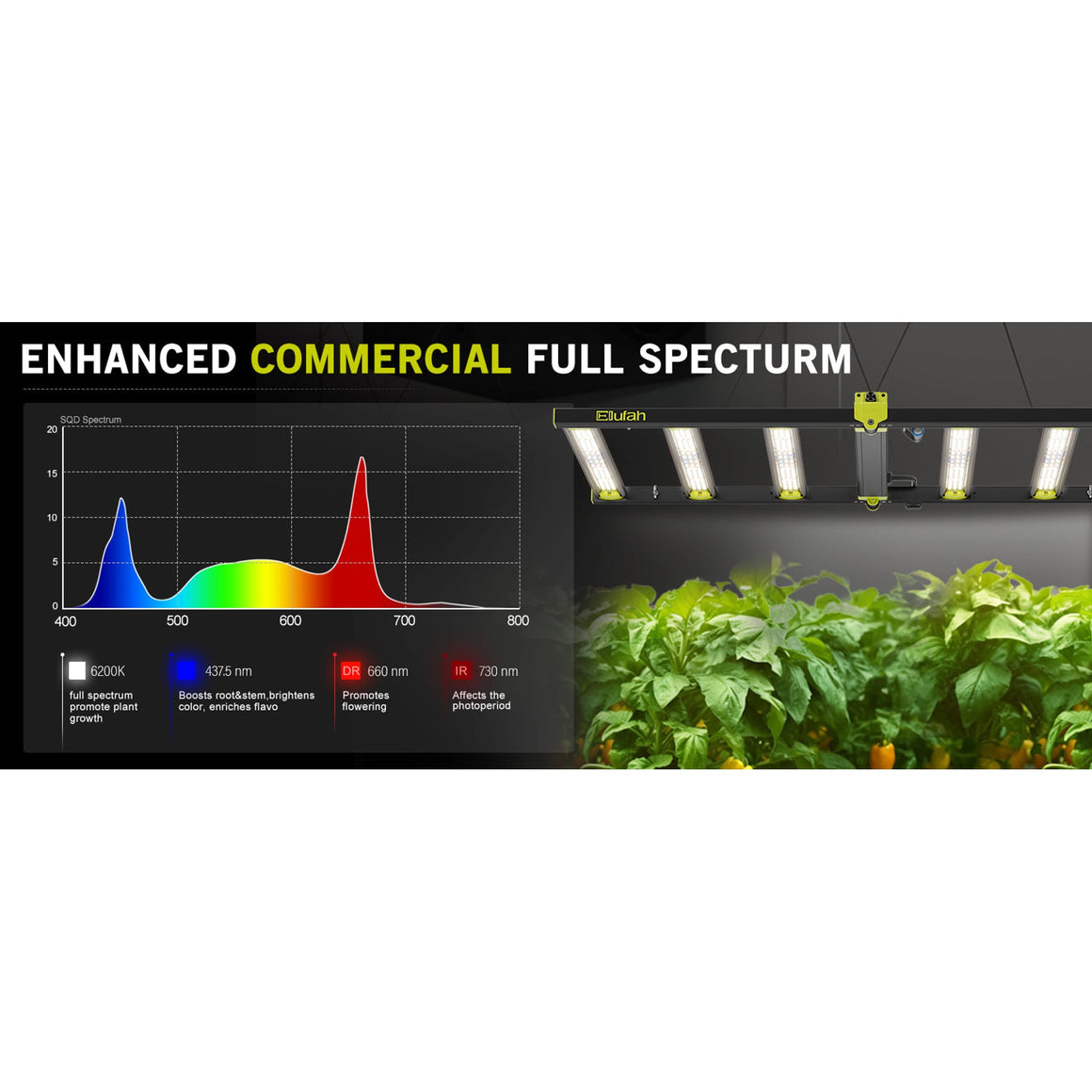 Elufah commercial LED grow light with spectrum graph & plants.