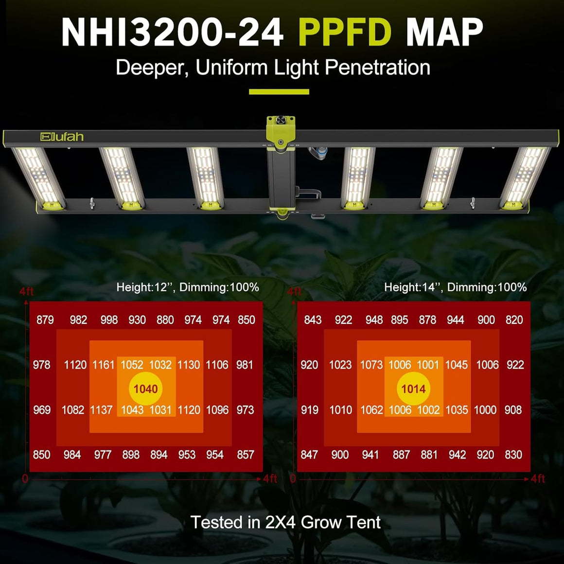 Elufah NHI3200-24 LED grow light PPFD map at 12" & 14" heights, showing light penetration.