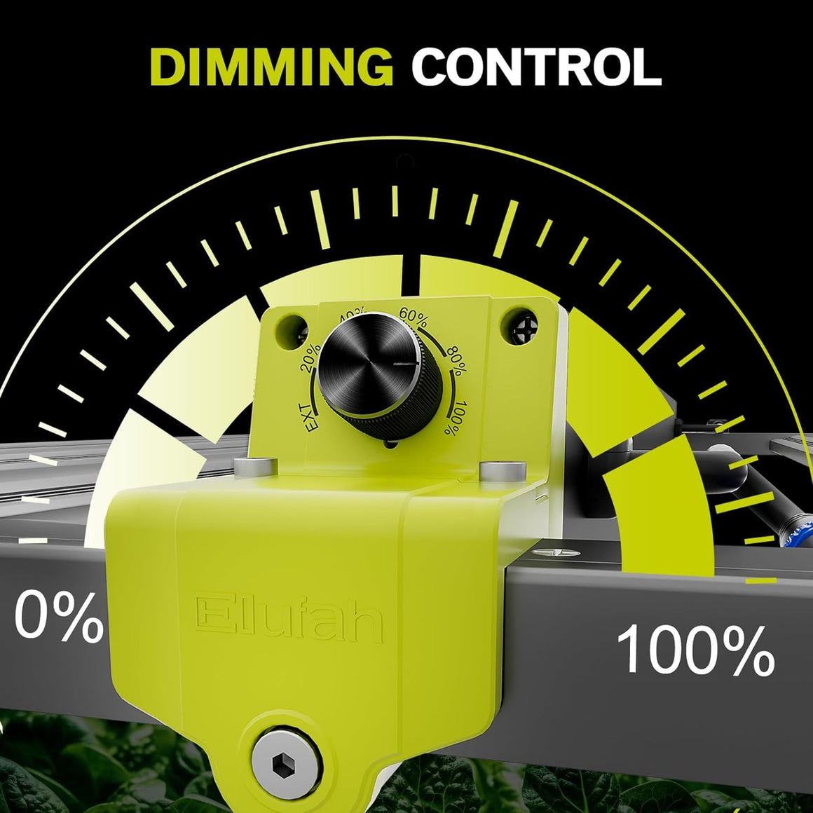 Elufah LED grow light dimmer with 0-100% control knob, green housing, and text overlay.