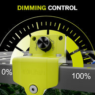 Elufah LED grow light dimmer with 0-100% control knob, green housing, and text overlay.