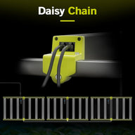 Daisy chain of Elufah LED grow lights connected by a green daisy-chaining accessory.