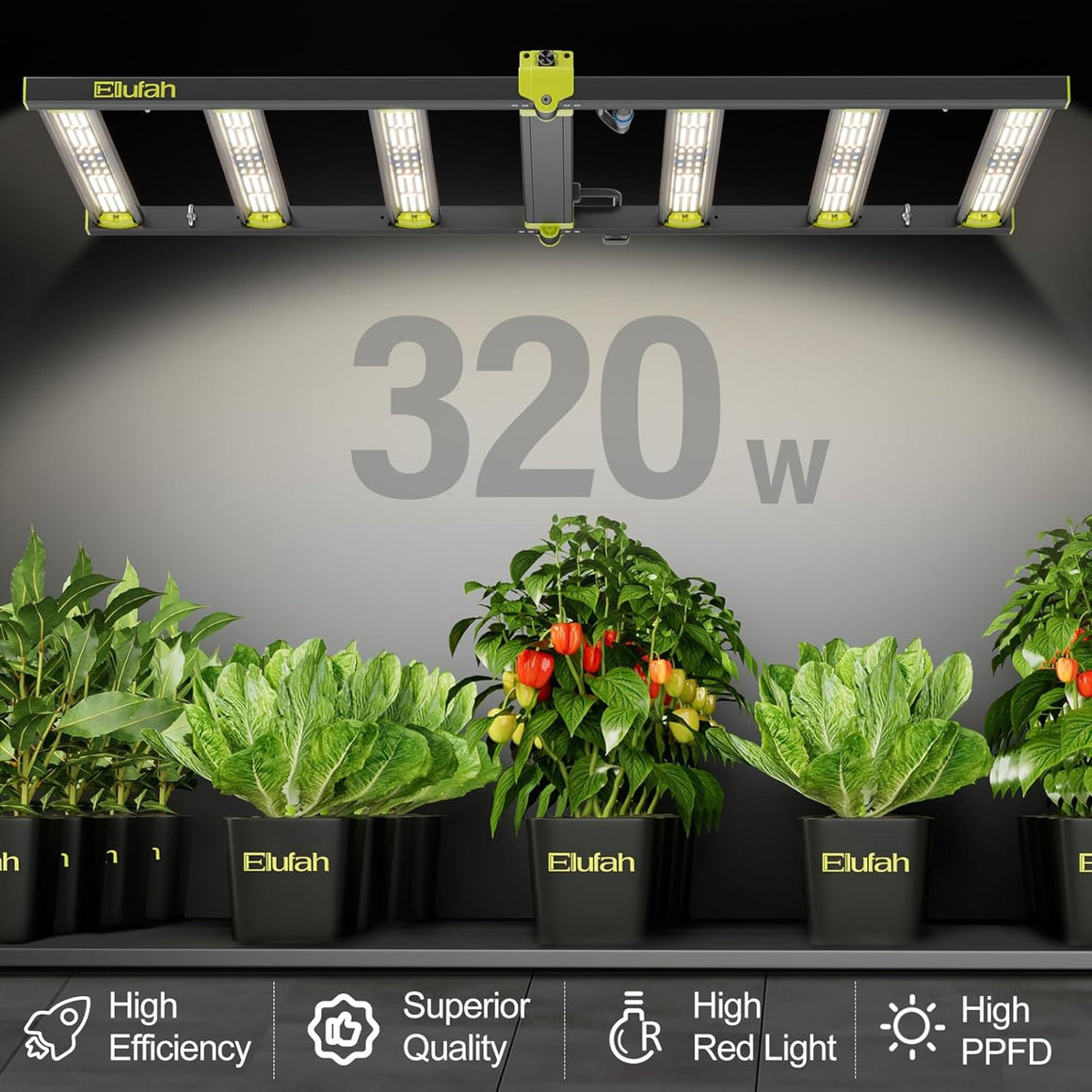 Elufah 320W LED grow light over potted plants. Features include "High Efficiency," "Superior Quality," "High Red Light," and "High PPFD."