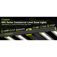 Elufah NHI Series full spectrum LED grow light with 320W power, 3.0 µmol/J PPE, 960 PPF, and 3-year coverage.