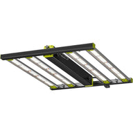 Full-spectrum LED grow light bar with white LEDs and lime-green accents, on a black frame.