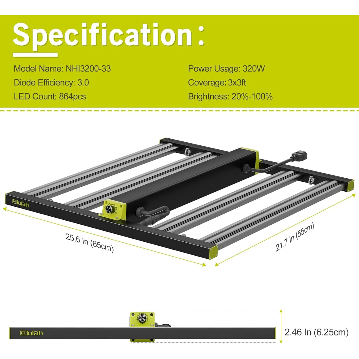 Elufah NHI3200-33 LED grow light, 320W, 25.6"x21.7"x2.46", full spectrum, coverage 3'x3'.