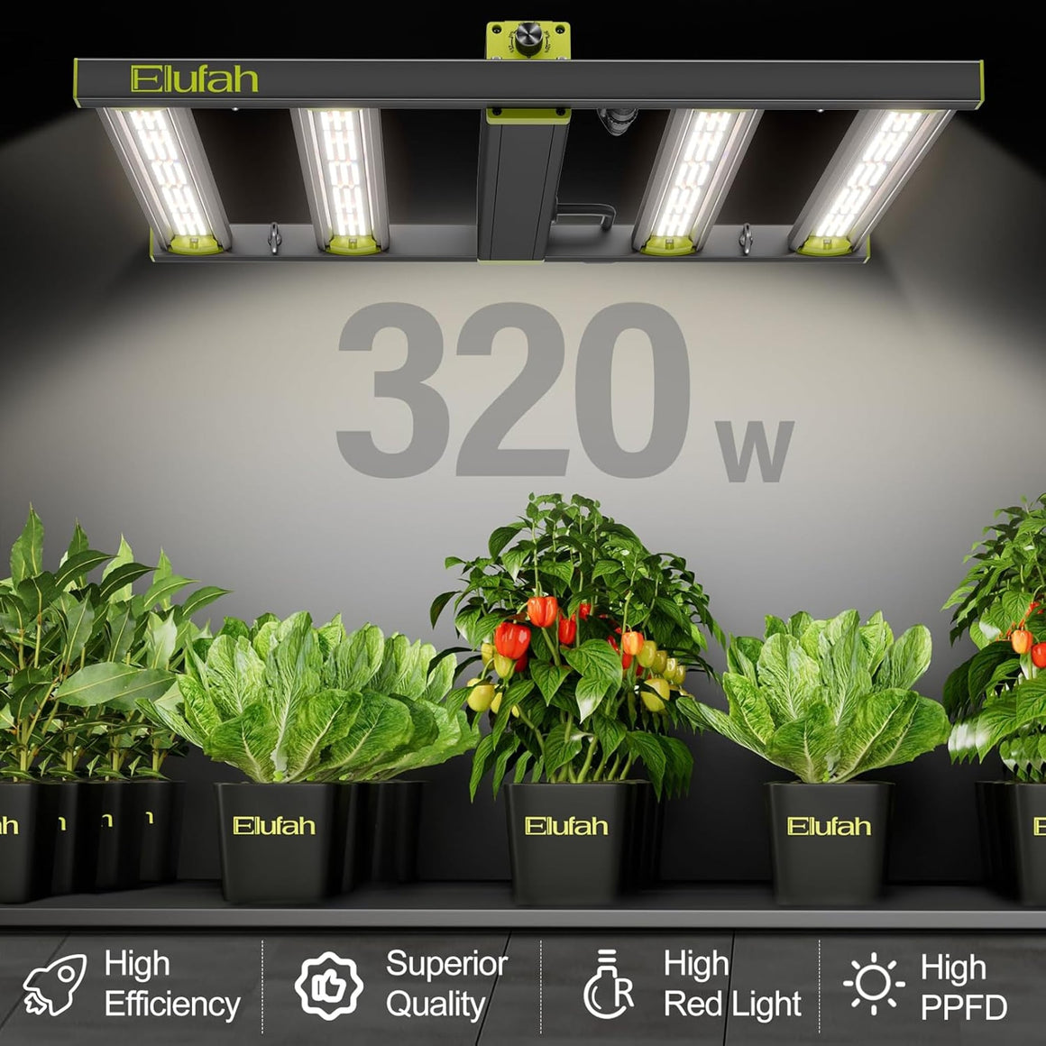 Elufah 320W LED grow light illuminates lush plants, featuring "High Efficiency," "Superior Quality," "High Red Light," and "High PPFD."