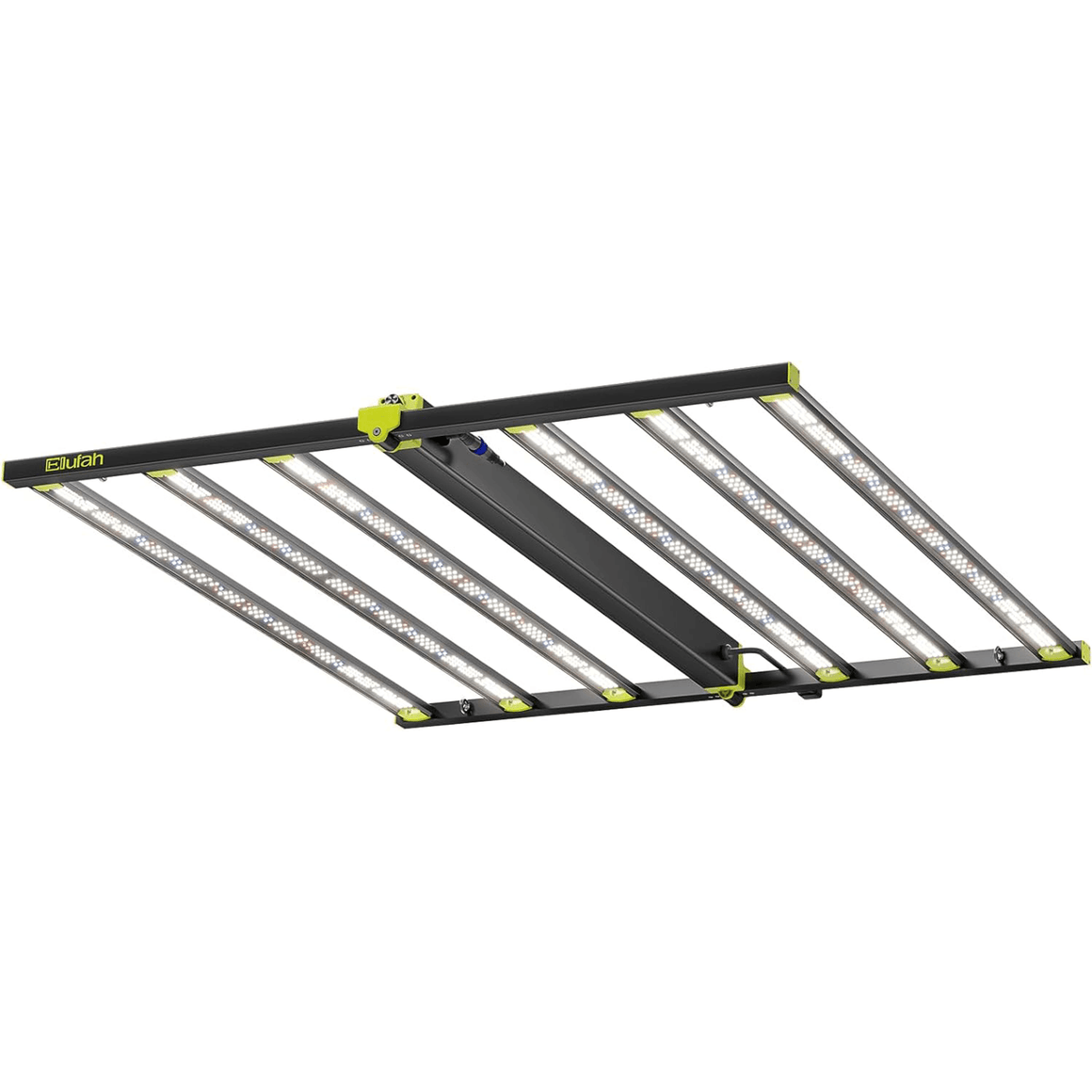 Black and green Elufah LED grow light with multiple light bars, against a white background.