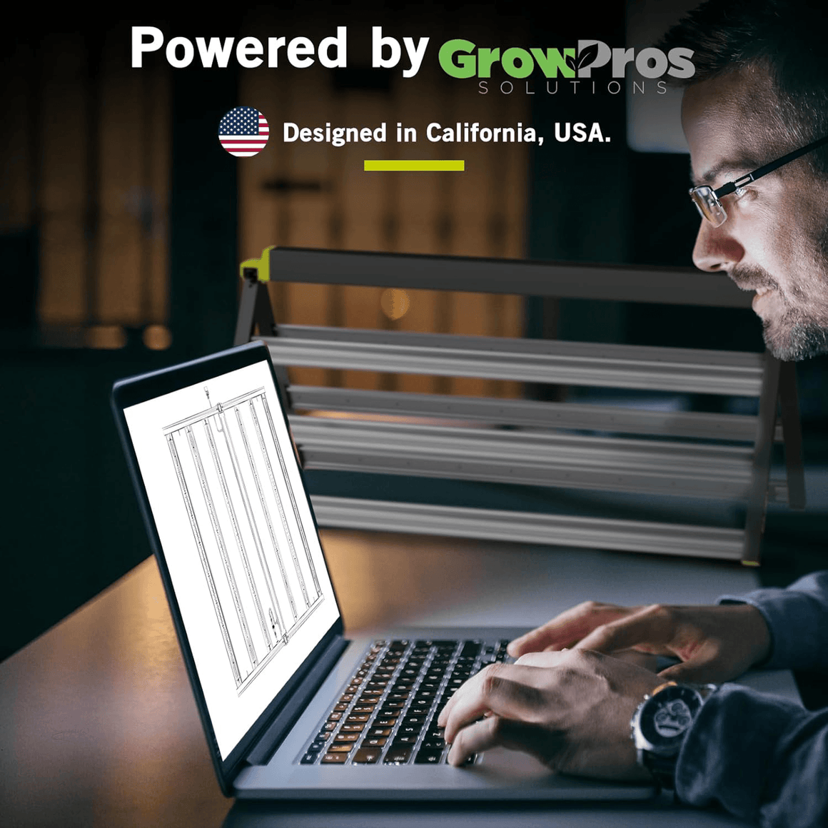 Man works on laptop showing grow light blueprint, "Powered by GrowPros" text visible.