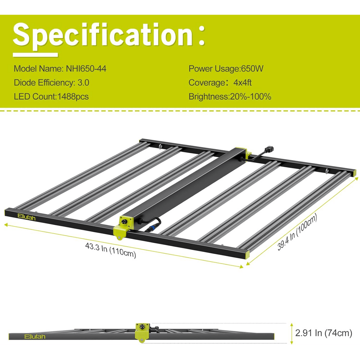 Elufah NHI650-44 650W LED grow light with dimensions 43.3x39.4x2.91 inches.