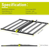 Elufah NHI650-44 650W LED grow light with dimensions 43.3x39.4x2.91 inches.