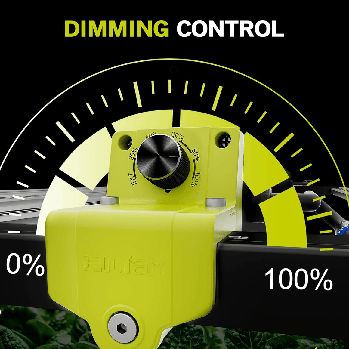 Elufah dimmer knob set to 40% with 0% and 100% indicators on a grow light.