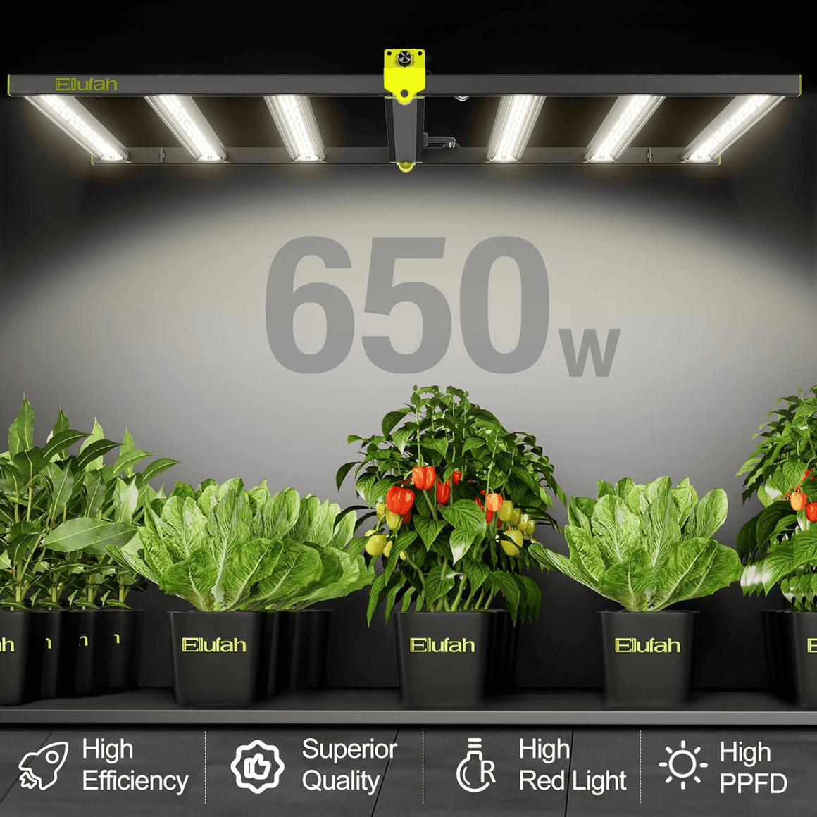 Elufah 650W LED grow light illuminates plants: lettuce, peppers, and foliage in pots.