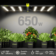 Elufah 650W LED grow light illuminates plants: lettuce, peppers, and foliage in pots.