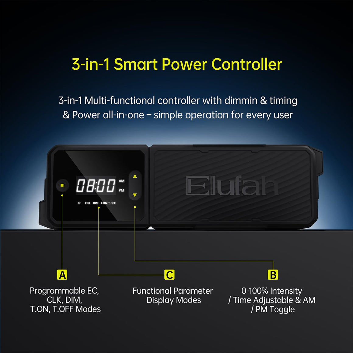 Black Elufah smart power controller with 8:00 AM/PM display, buttons, and labeled features A, B, C.