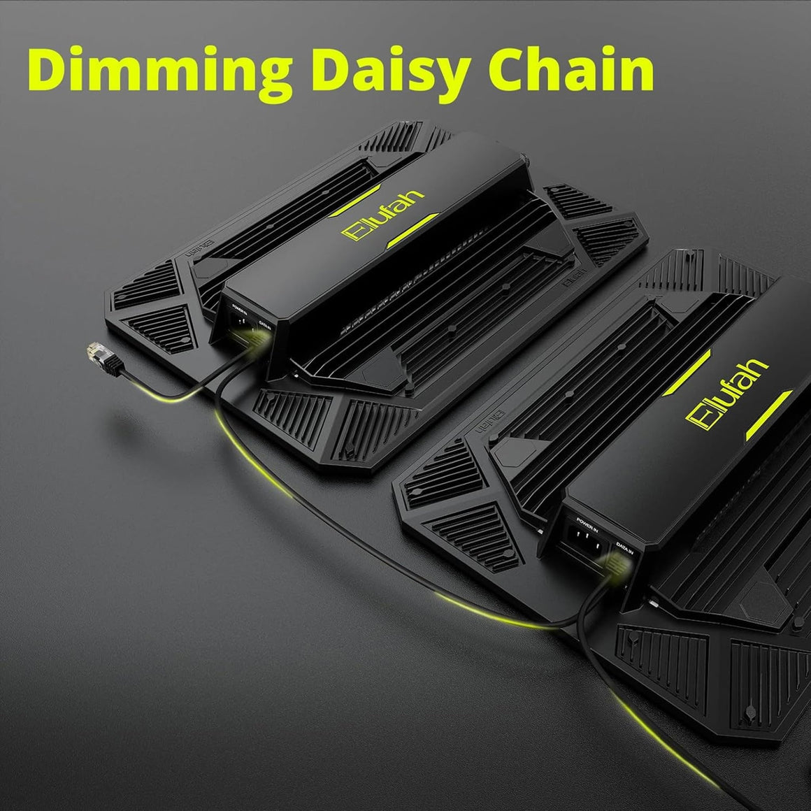 Two Elufah grow lights daisy-chained together on a dark surface, with text "Dimming Daisy Chain" at the top.