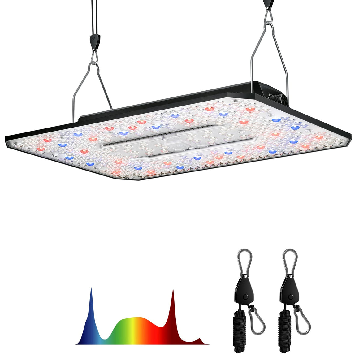 Full-spectrum LED grow light with red and blue diodes, adjustable hanging system, and light spectrum graph.