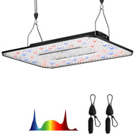 Full-spectrum LED grow light with red and blue diodes, adjustable hanging system, and light spectrum graph.