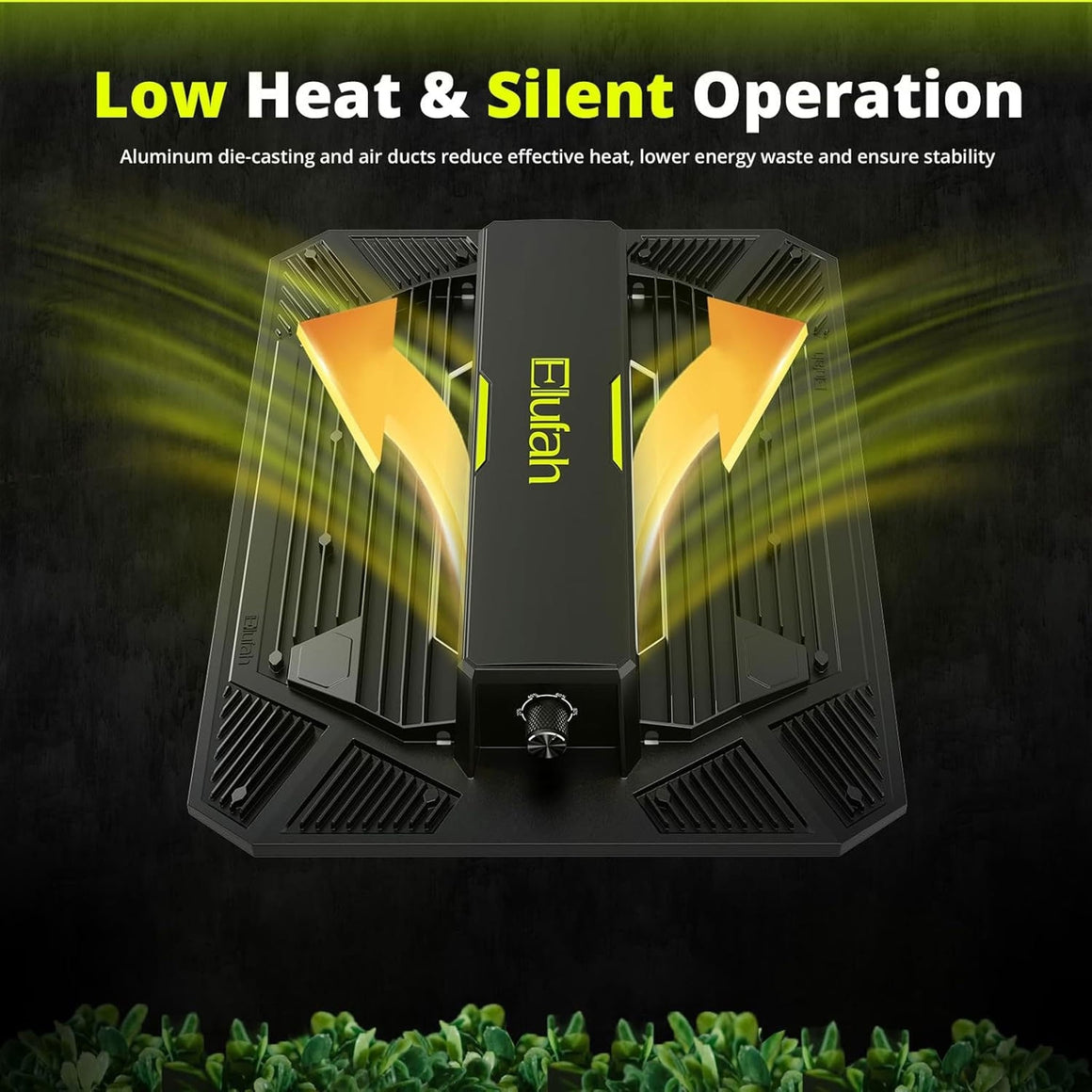 Black LED grow light with yellow arrows indicating airflow, text says "Low Heat & Silent Operation".