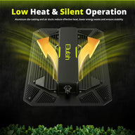 Black LED grow light with yellow arrows indicating airflow, text says 