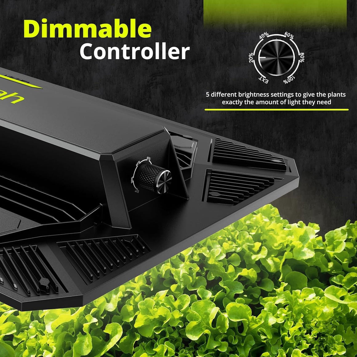 Black dimmable LED grow light over bright green lettuce, with controller dial at 40%.