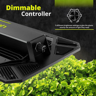 Black dimmable LED grow light over bright green lettuce, with controller dial at 40%.