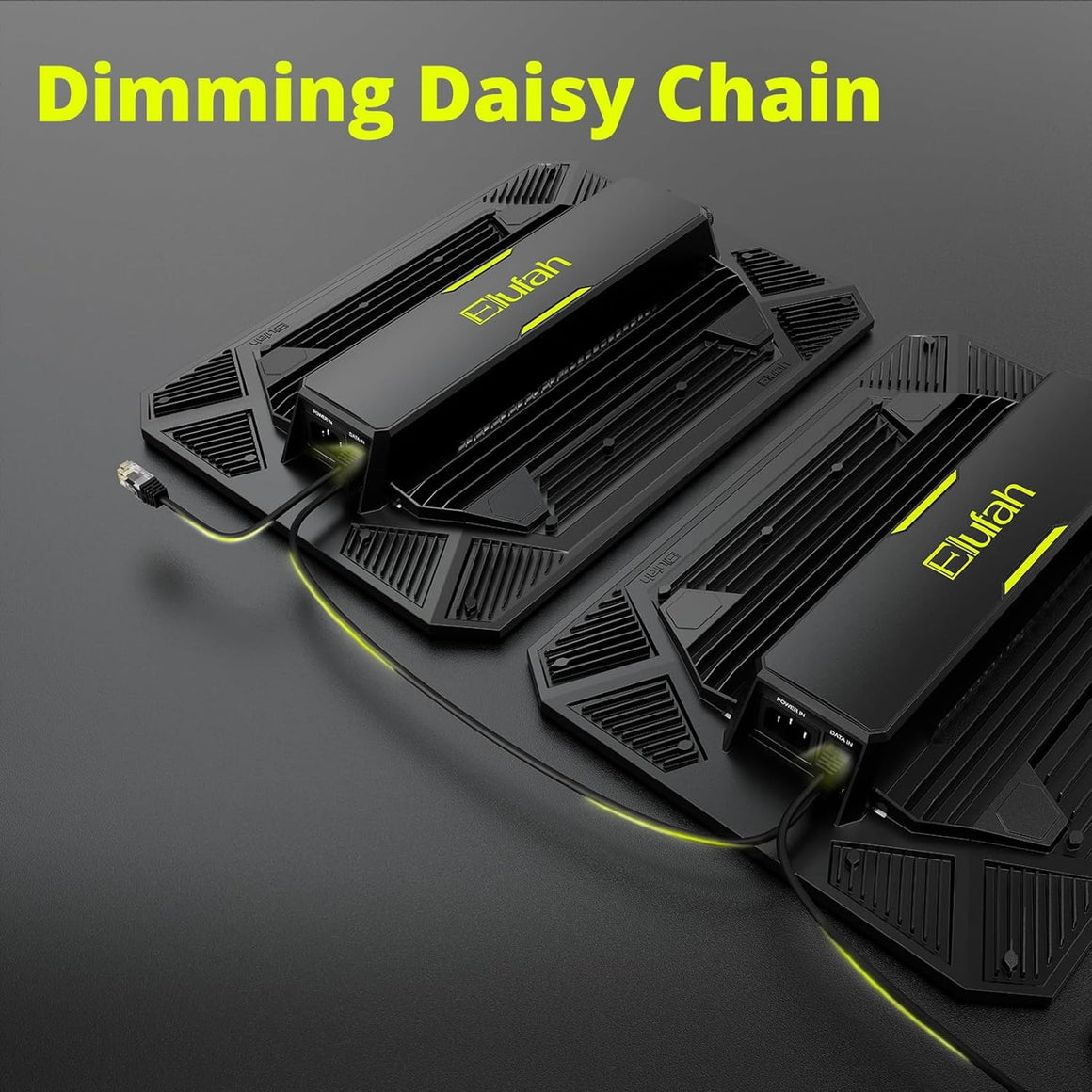 Elufah dimming daisy chain grow lights with RJ45 connectors for power and data.