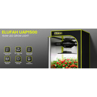 Elufah UAP1500 LED grow light with tomatoes in a grow tent. Features include wide-angle lens, uniform light distribution, and low temperature.