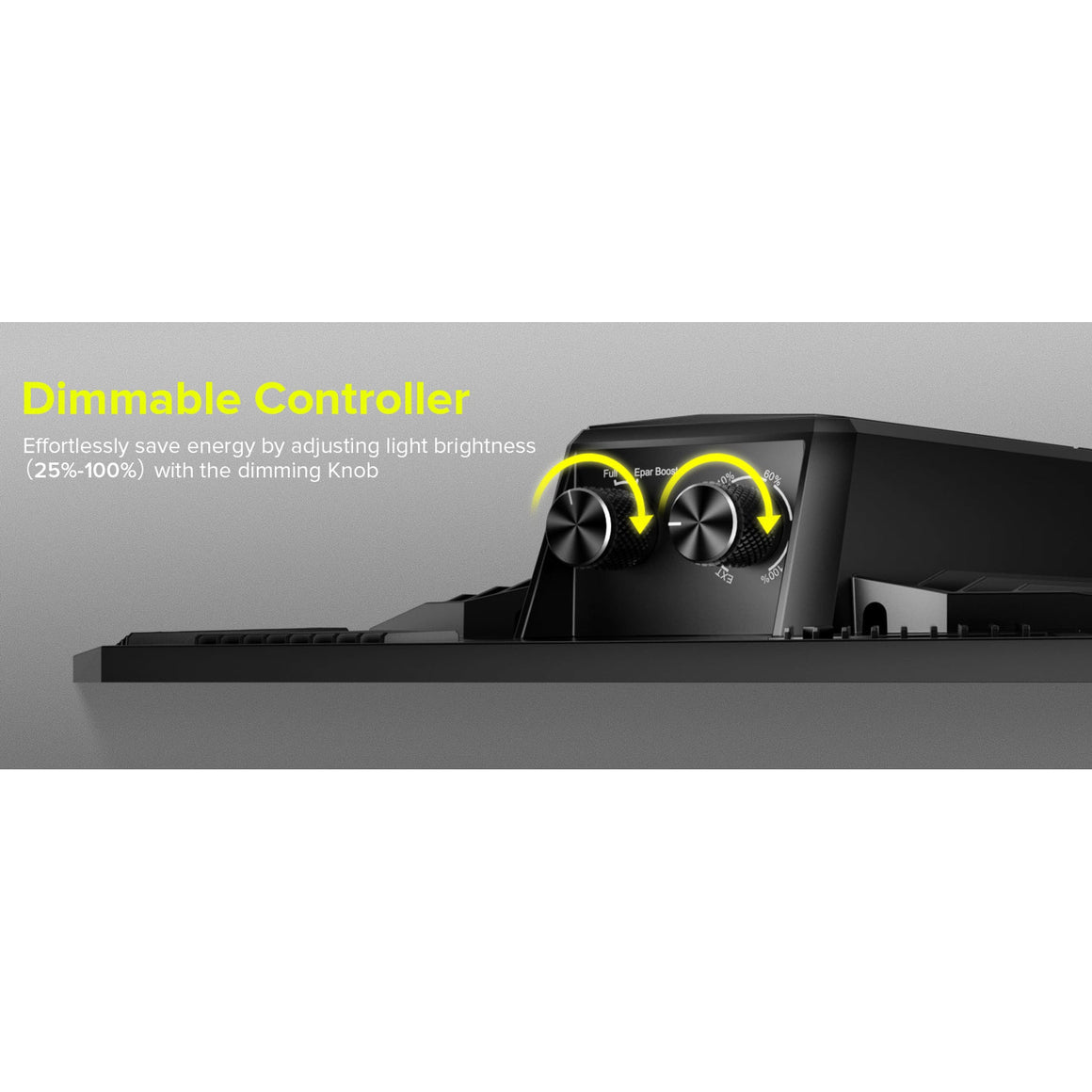 Close up of a dimmable controller with two knobs and yellow curved arrows indicating adjustment from 0-100%.
