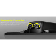 Close up of a dimmable controller with two knobs and yellow curved arrows indicating adjustment from 0-100%.