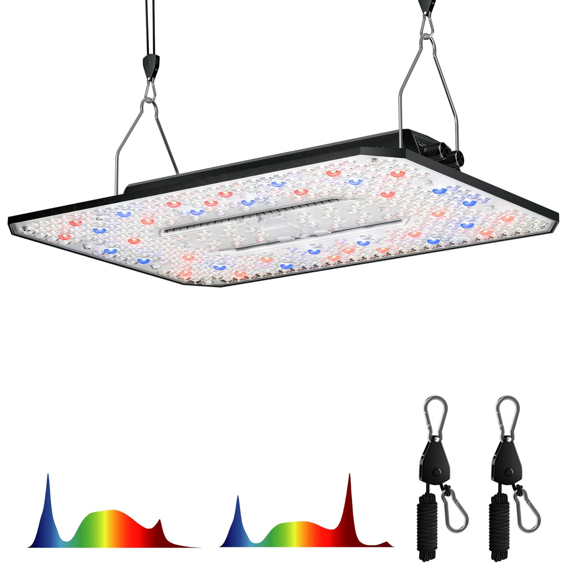 Rectangular LED grow light with red and blue LEDs, suspended by cables, with two ratchet pulley hangers and spectrum graphs.