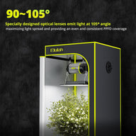 Elufah UAP1500 LED grow light in a tent with a lush plant, emitting light at a 105° angle for even coverage.