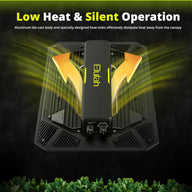 Elufah UAP1500 LED grow light features an aluminum body and heat sinks for low heat & silent operation, with yellow arrows indicating airflow.