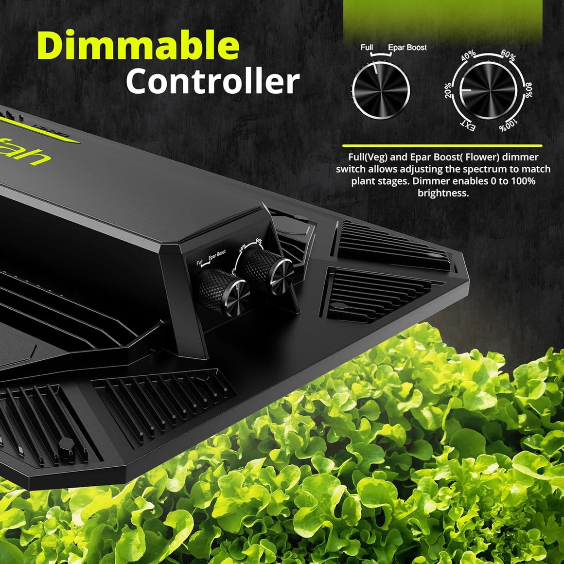 Close-up of a dimmable LED grow light controller over lush green lettuce.