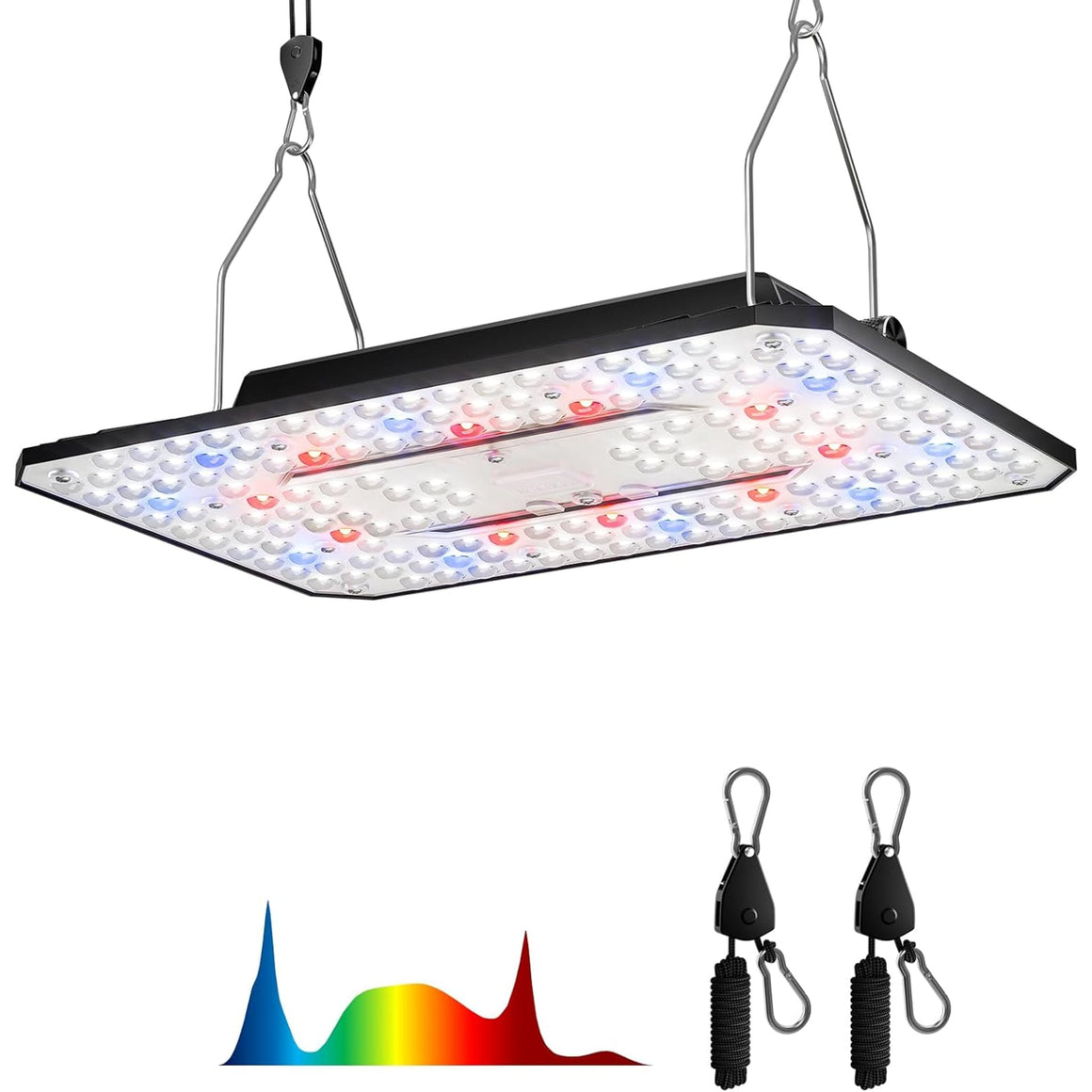 A full-spectrum LED grow light with red and blue diodes, suspended by cables, with a light spectrum graph and adjustable rope hangers.