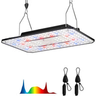 A full-spectrum LED grow light with red and blue diodes, suspended by cables, with a light spectrum graph and adjustable rope hangers.