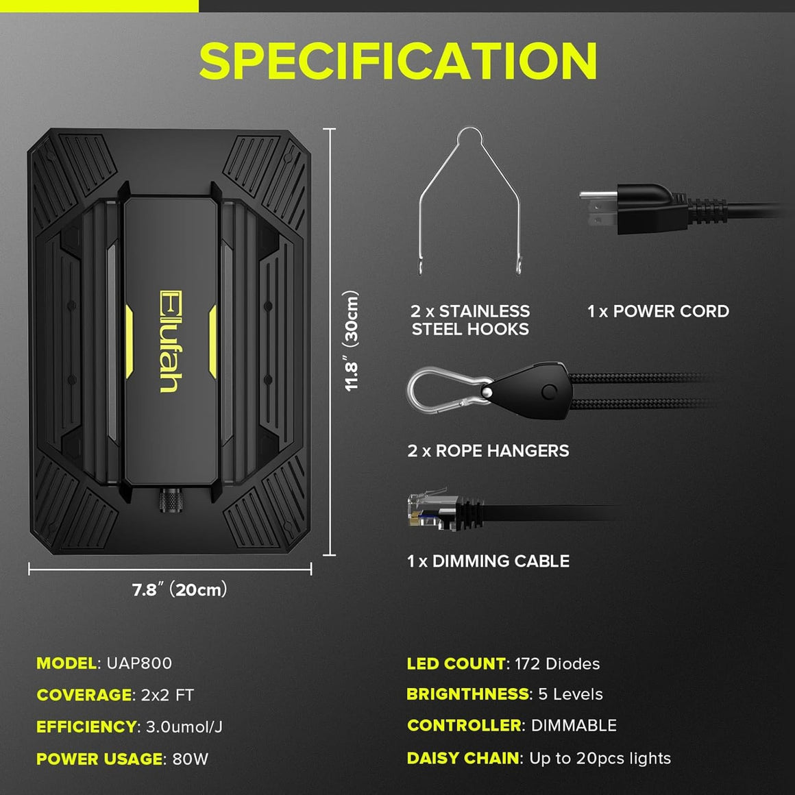 Elufah UAP800 LED grow light specs: 7.8"x11.8", 80W, 172 LEDs, dimmable, daisy chainable. Includes cords & hangers.